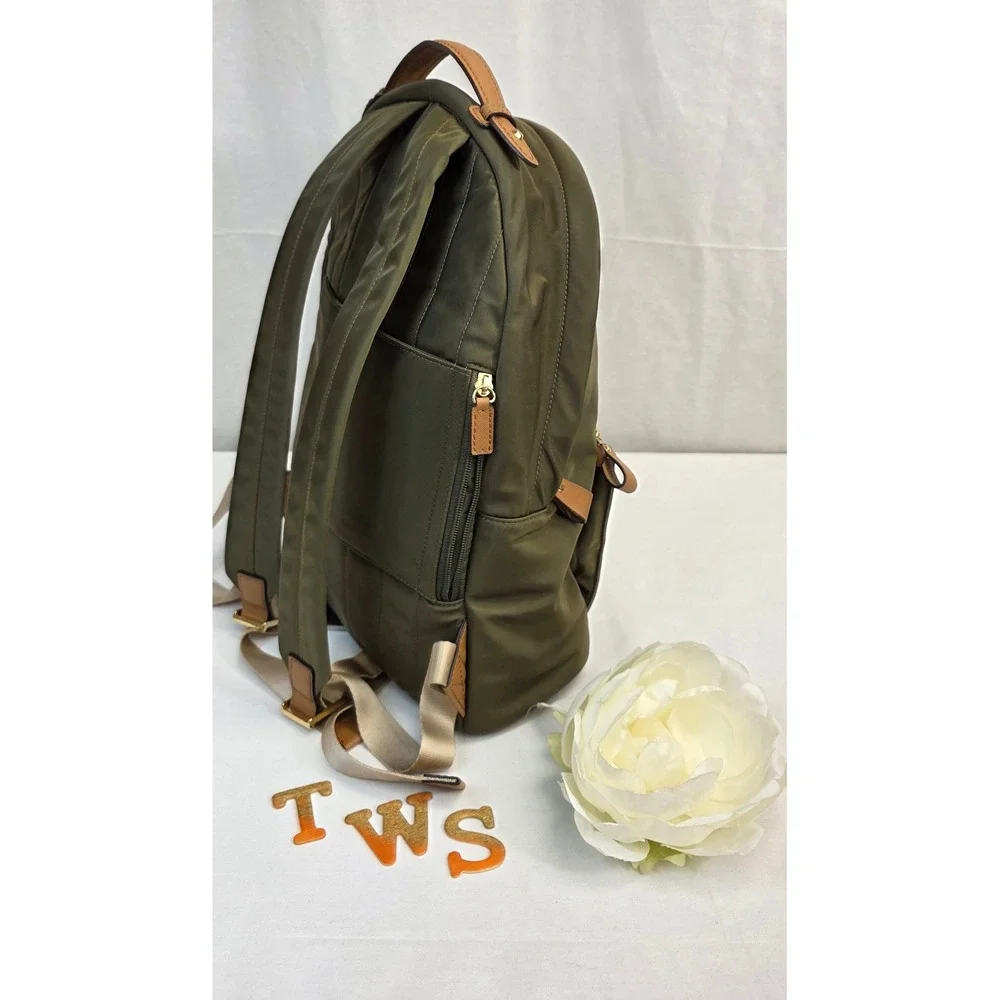 Michael Kors Olive Green Nylon Backpack with Tan Leather Trim and Gold Hardware - Picture 2 of 16